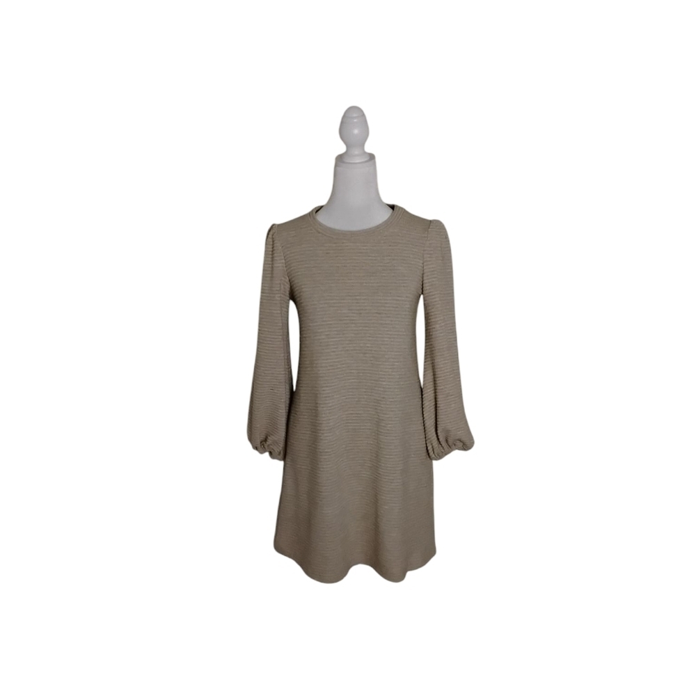 MSK Women's S Beige Ribbed Blouson Long Sleeve Pullover Stretch Mini Dress